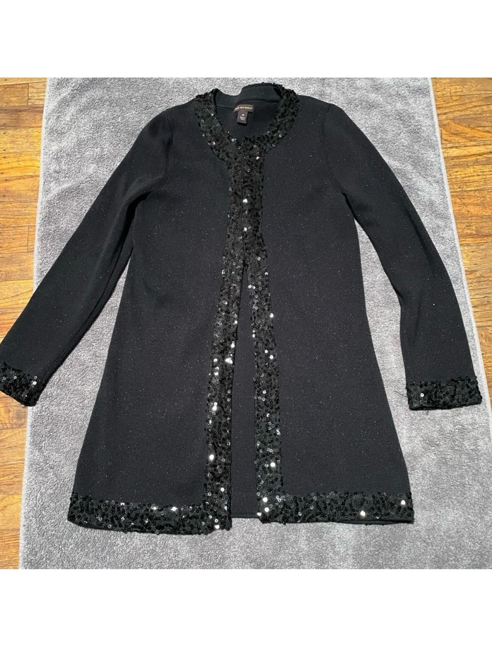Black Sequin-Trim Long Jacket